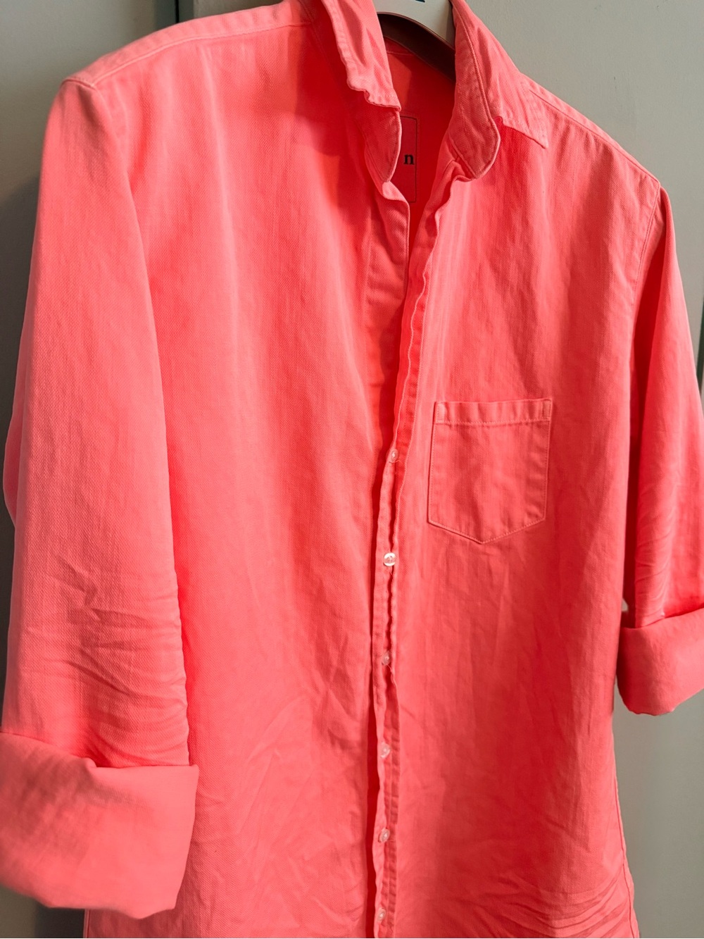 Mary Distressed Denim Shirtdress Neon Coral Frank & Eileen S - Picture 4 of 15